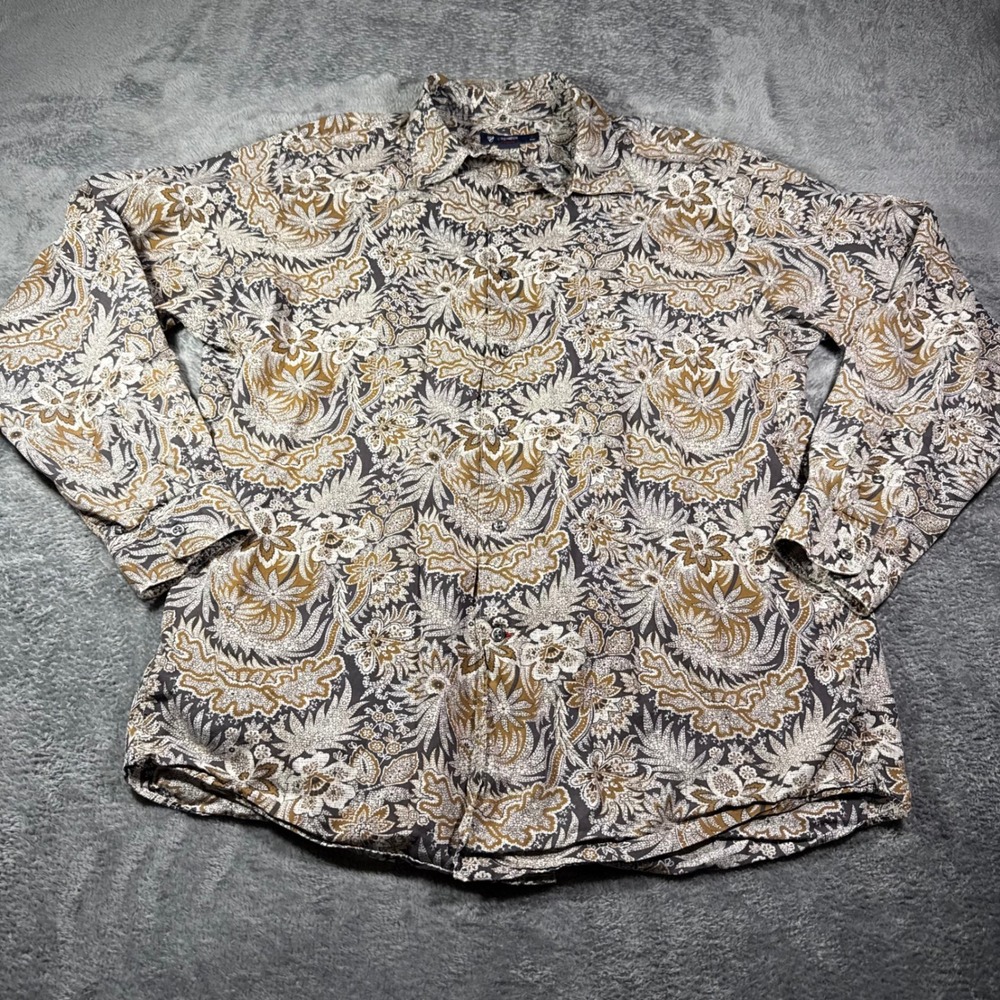 Cremieux Classics Mens Large Paisley Floral Button Down Shirt Brown Tan Print